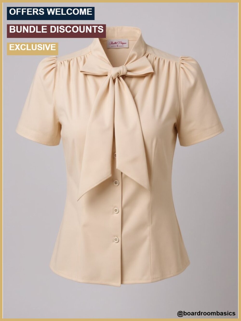 Short Sleeve Button Down Blouse with Bow Tie, Polyester Spandex Office Shirt